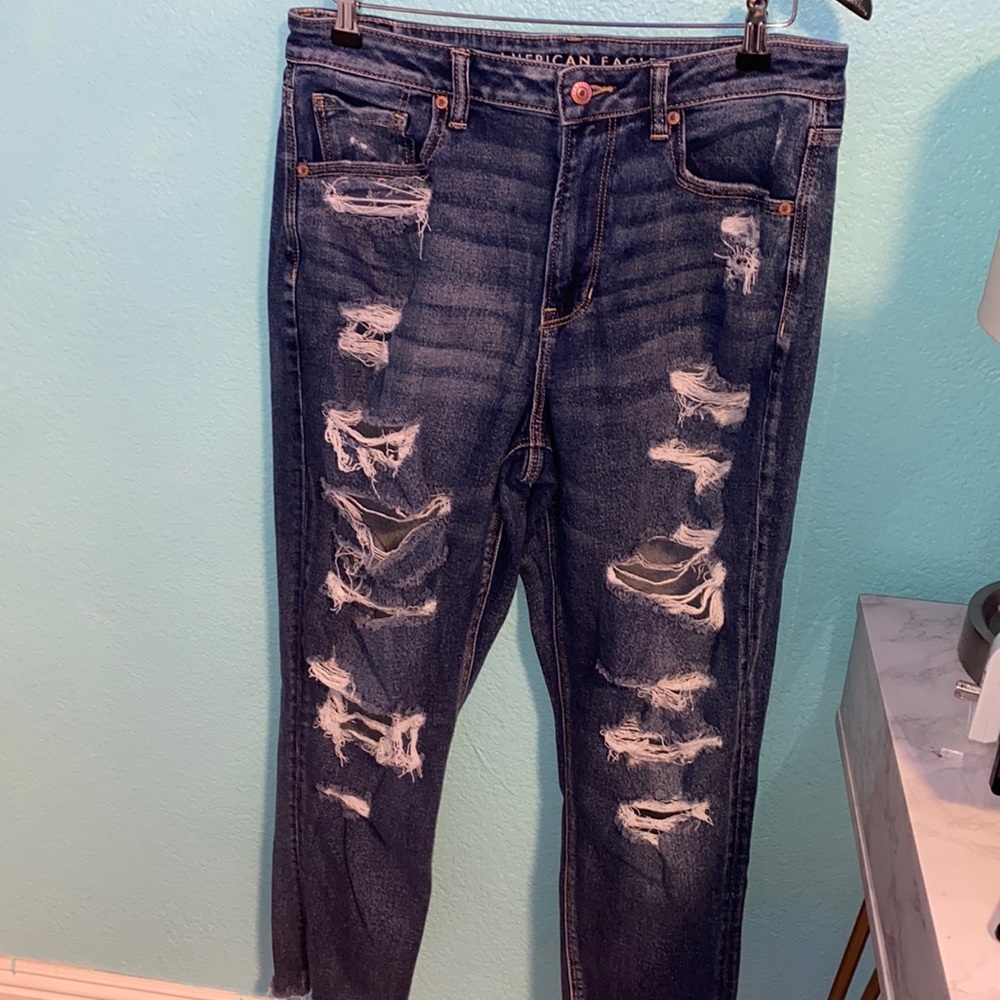 Blue ripped mom jeans